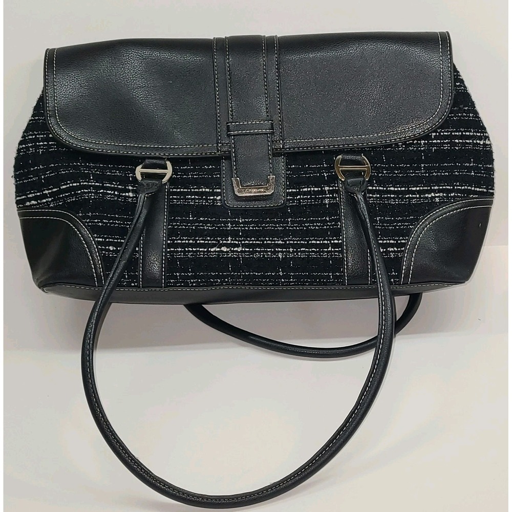 Vtg Liz Claiborne Satchel Purse – Black Faux Leather & Tweed – Pink Lining